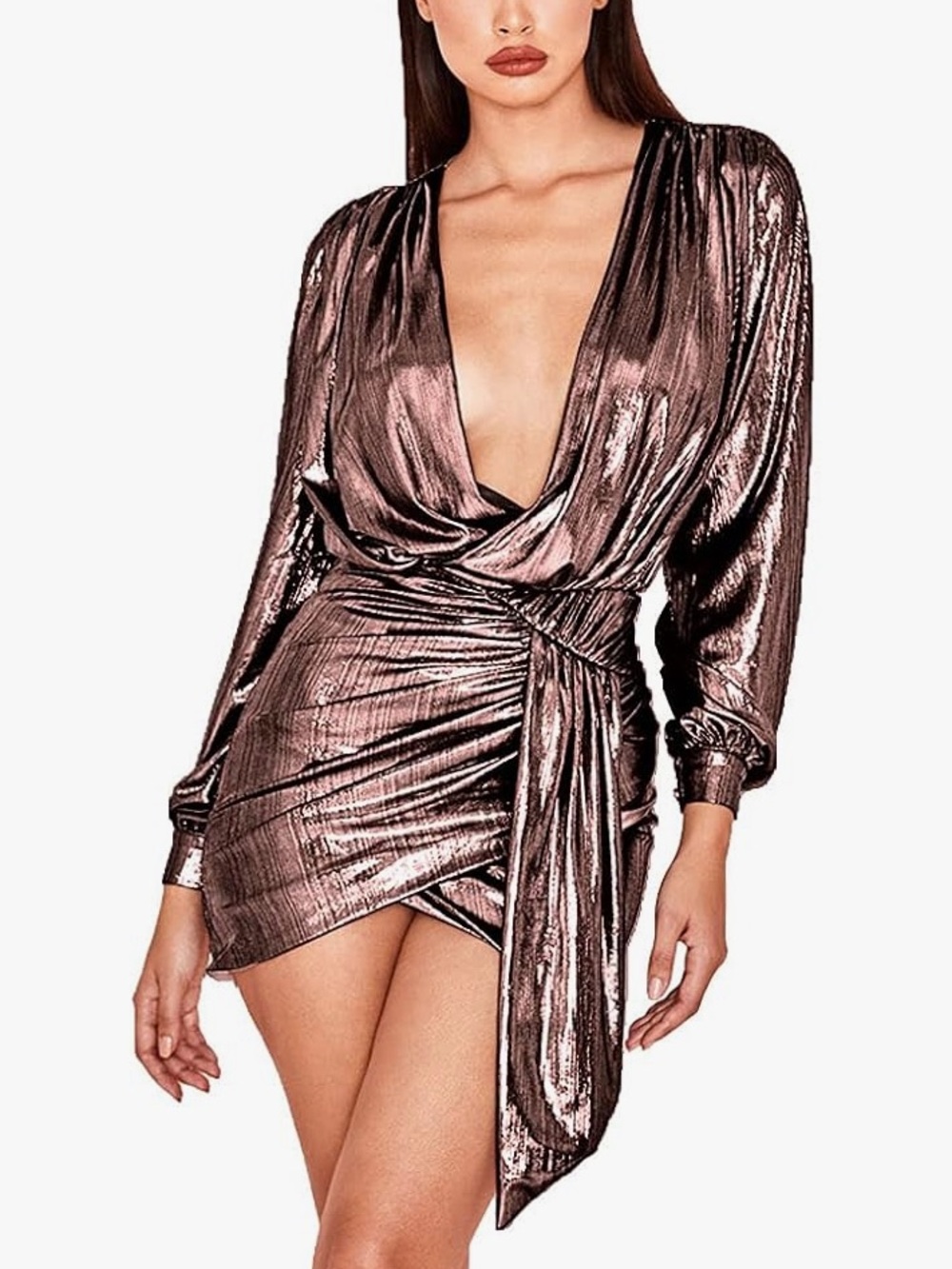 Metallic Bronze Wrap Dress - Women's Evening Dress